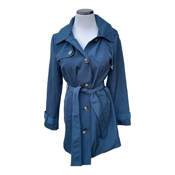 LONDON FOG Teal Blie Trench Coat Tie Waist Short Size Small Hood EUC - Picture 8 of 8